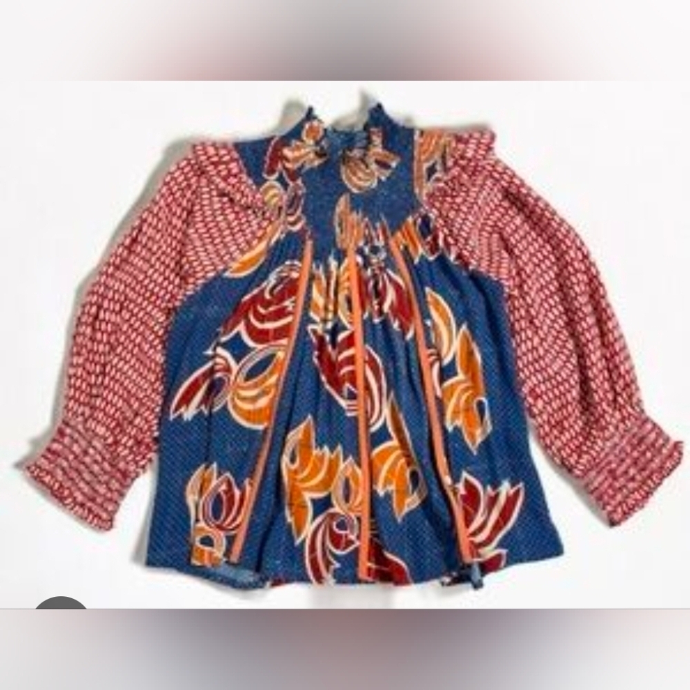The Odells Anthropologie Boho Smocked Floral Rayon Top Blouse Size Small